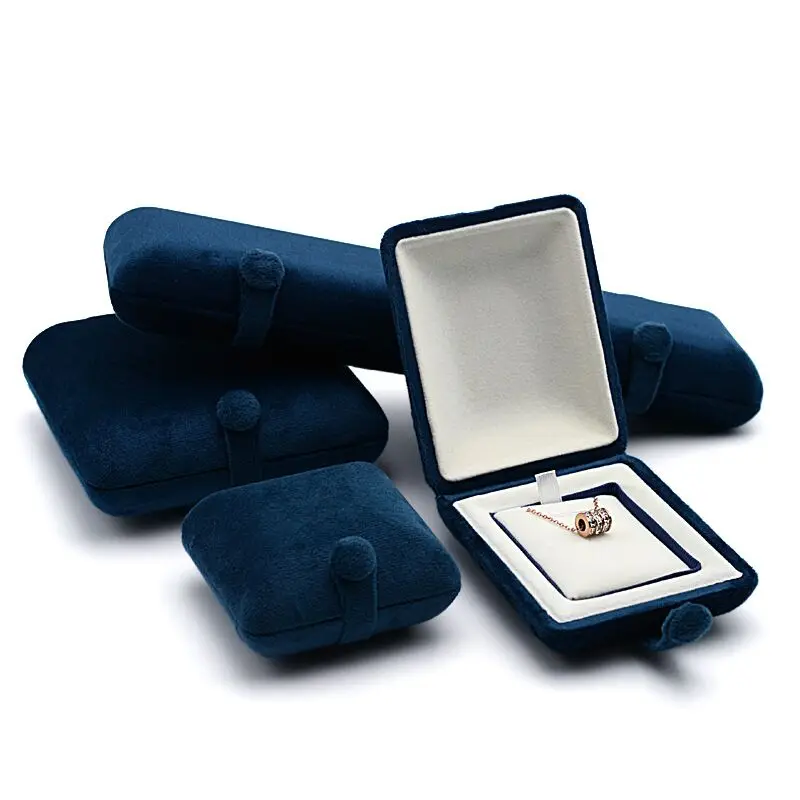 

New Style Jewelry Packaging Ring Box Gift Box Ice Blue Microfiber with Metal Button Ring Pendant Bracelet Chain Box