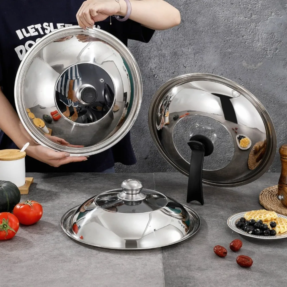 Round 28/30/32/34/36cm Cooking Pot Lid Visible Stainless Steel Wok Lids Combined Anti-scalding Frying Pan Cover Household
