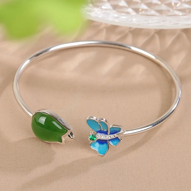 

S925 Sterling Inlaid Hetian Jade And Jasper Style Women'S Gold-Plated Silver Jewelry Bracelet