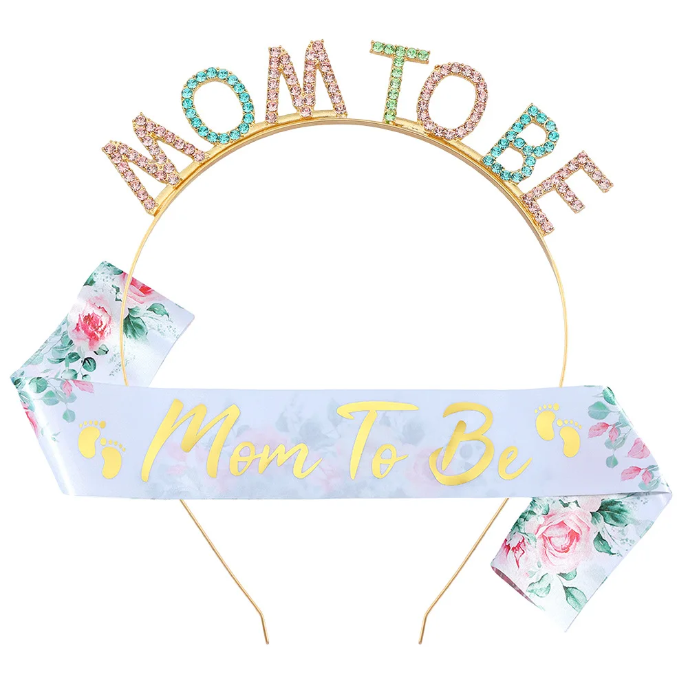Stirnband und Satin-Schärpe für werdende Mütter zur Gender-Reveal-Babyparty, Partydekoration, Zubehör, Schärpe mit Blumenmuster für werdende Mütter – Detail 7