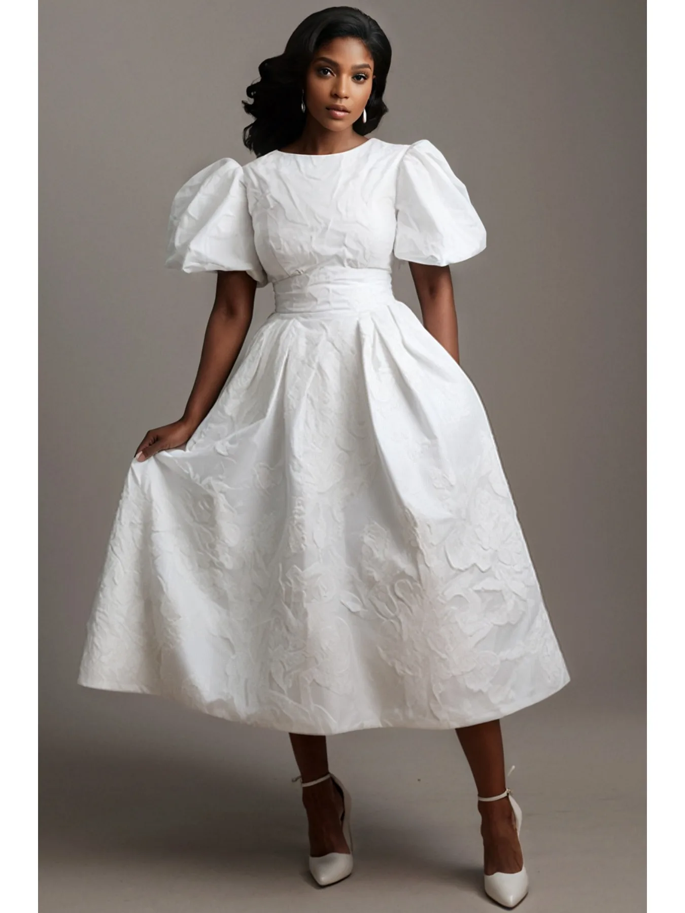 Plus Size Women  Jacquard Midi Dress Puff Short Sleeve Round Neck High Waist A Line Elegant Wedding Guest Cocktail Party Dress