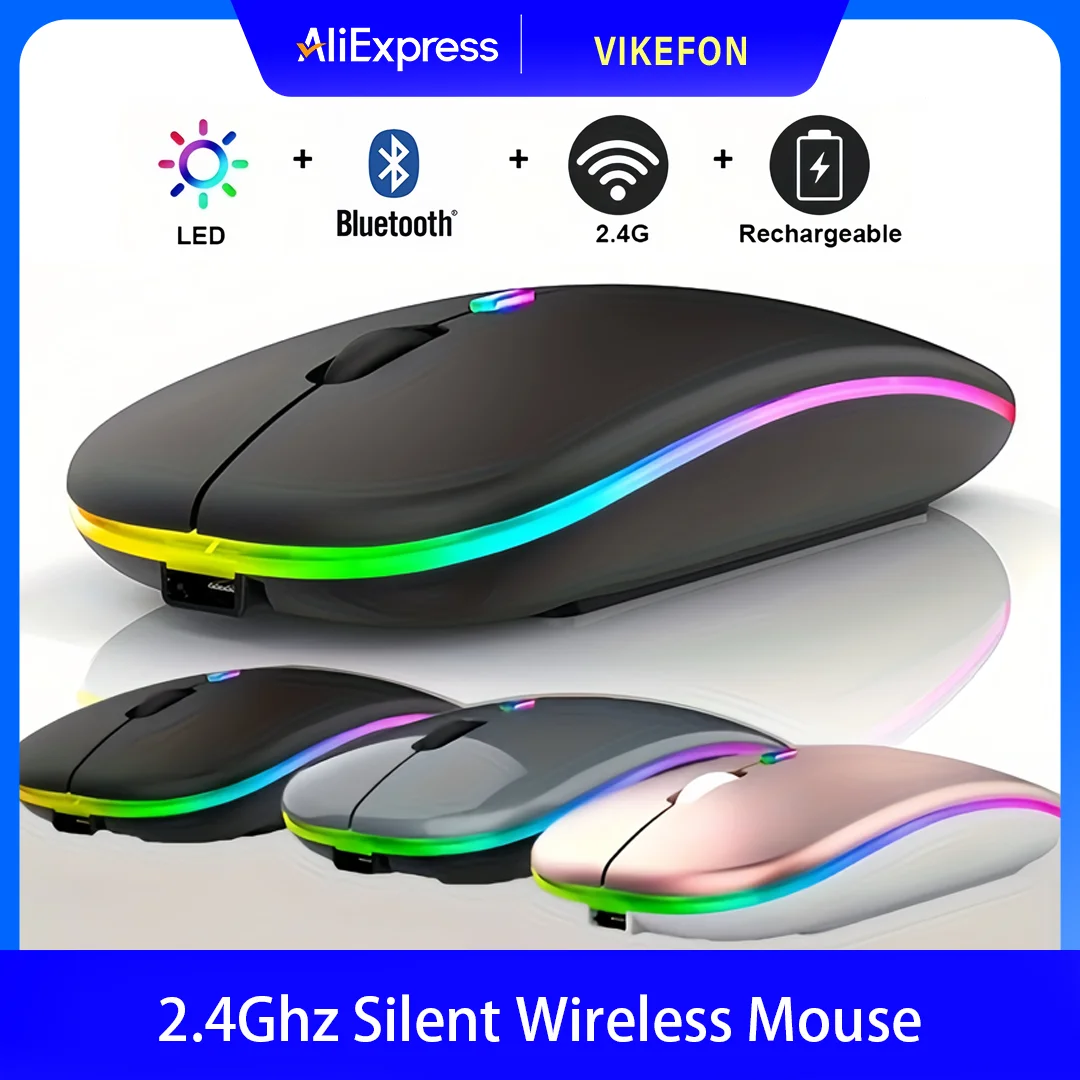 Rechargeable Silent Wireless Mouse LED Backlit Mice PC Laptop Computer Mous 2.4Ghz Receiver Bluetooth Dual Mode Optical Mice
