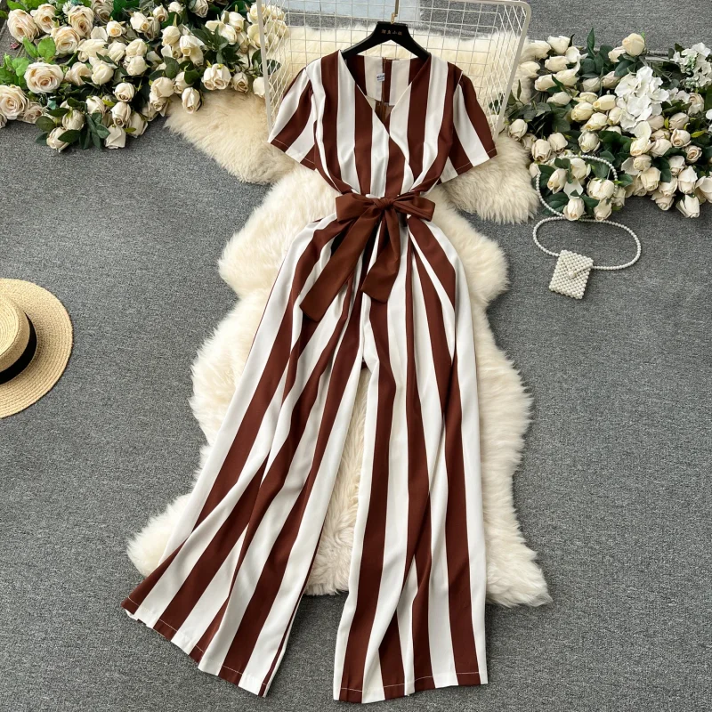 

Gentle Women Jumpsuit Stripe V Neck Sleeveless 2024 Lace Up Bow High Street Korean Style Summer Long Senior Rompers