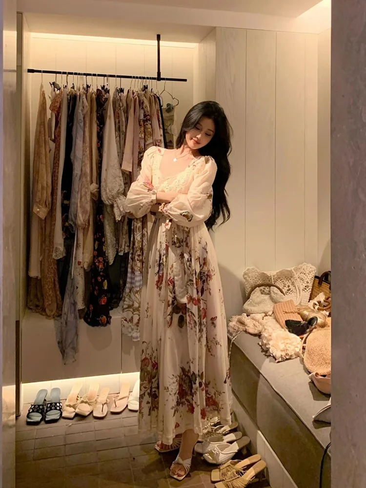 

Uomosi STAZF7 Retro Lace Splicing Floral Skirt Women Summer Gentle Waist Cinching Holiday Long Dress A-Line French Style