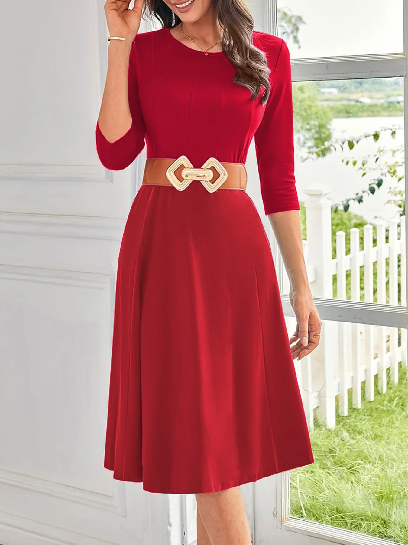 Womens 2/3 Sleeve Solid Color Crew Neck Vintage Red Elegant Casual Fit And Flare Skater Swing A-Line Dress Not Include Belted