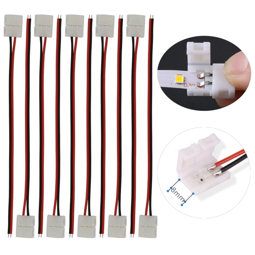 8-10mm LED Strip Light Connector Accessories for 2Pin 3528 5050 Single Color Solderless PCB Board Wire Free Welding Cob LED Tape