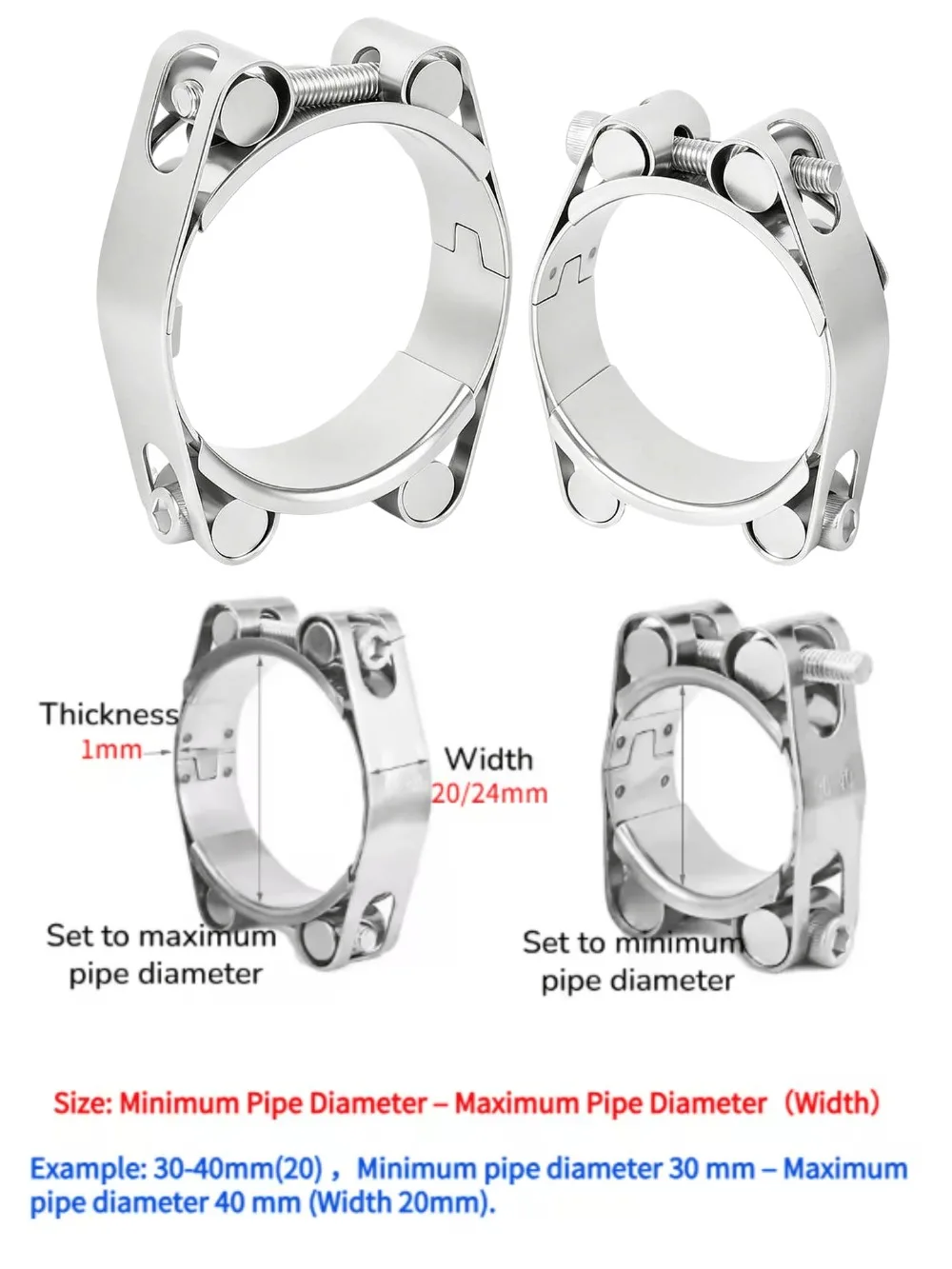 1Pcs 30‑200mm 304 Stainless Steel Double‑Layer Hose Clamp, European Heavy‑Duty Pipe Hoop, Rust‑Resistant for Pipeline Repair
