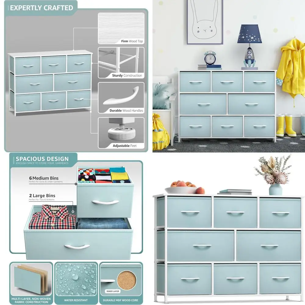 

Комод-органайзер с 8 ящиками, стальной и деревянной столешницей, тканевыми корзинами и ручкой — идеально подходит для детских комнат, яслей и гардеробных.