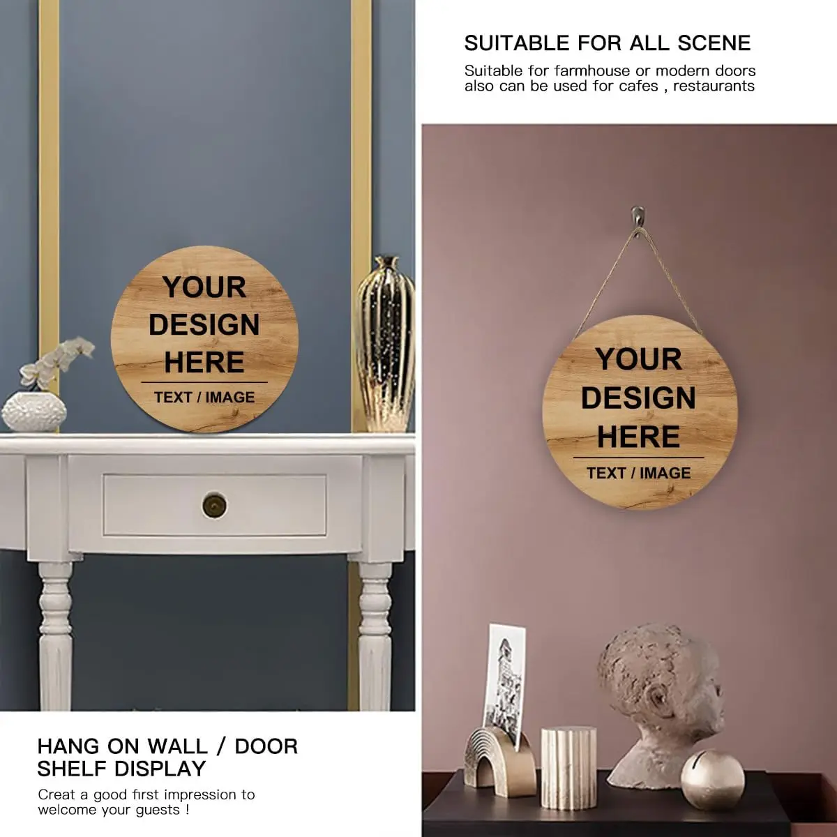 Personalized Round Hanging Wood Door Sign Custom Add Your Own Text Picture Image Welcome Decor Wall Plaque Home 12in