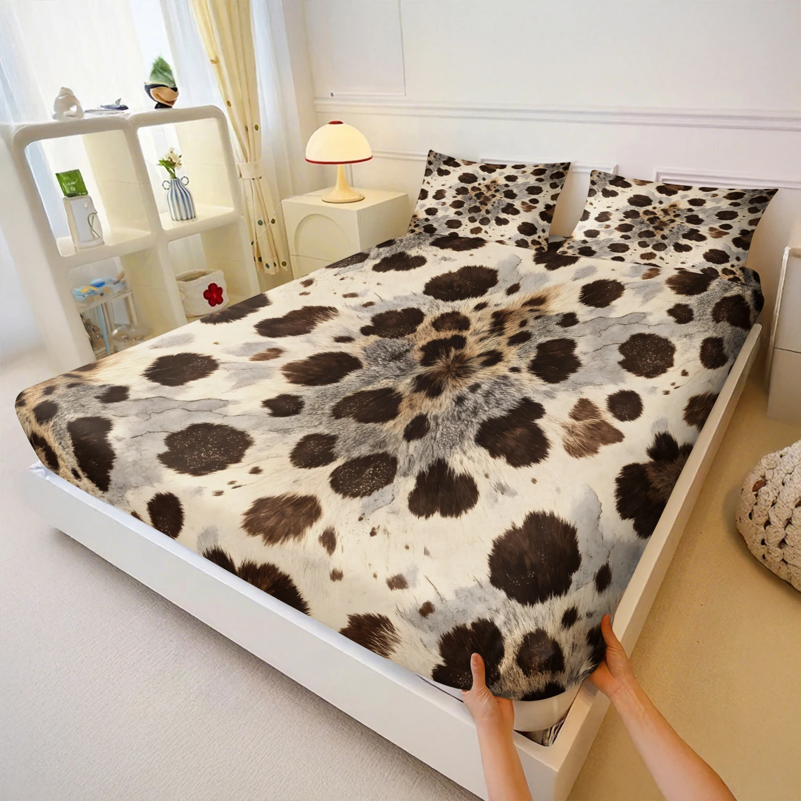 牛革プリントのシーツセット。西部風の牛革模様が施されたベッド - Fitted Bed Sheets Deep Pocket のレビューと価格
