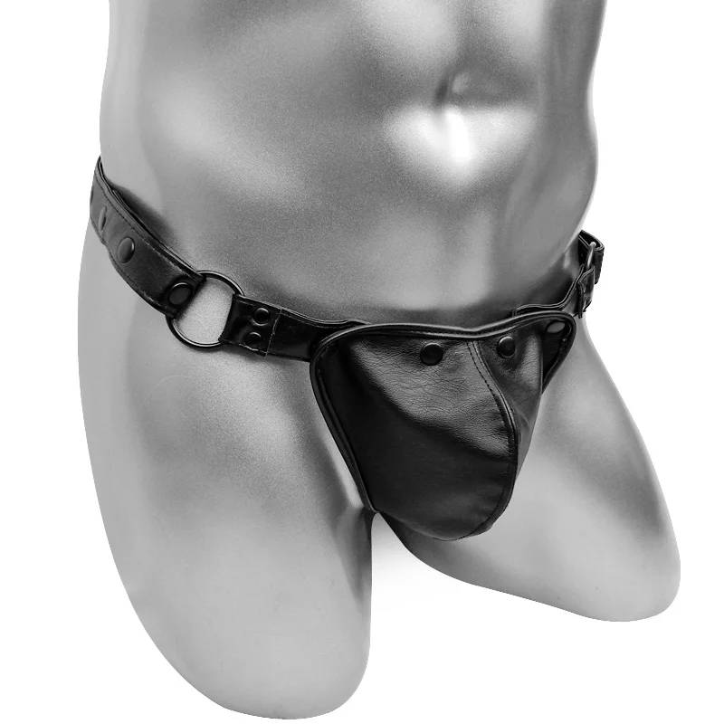 Jockstrap PU Leather Underwear Mens Thong With Rivet Bulge Pouch Openable Sexy Lingerei Clubwear Open Butt Punk Underwear