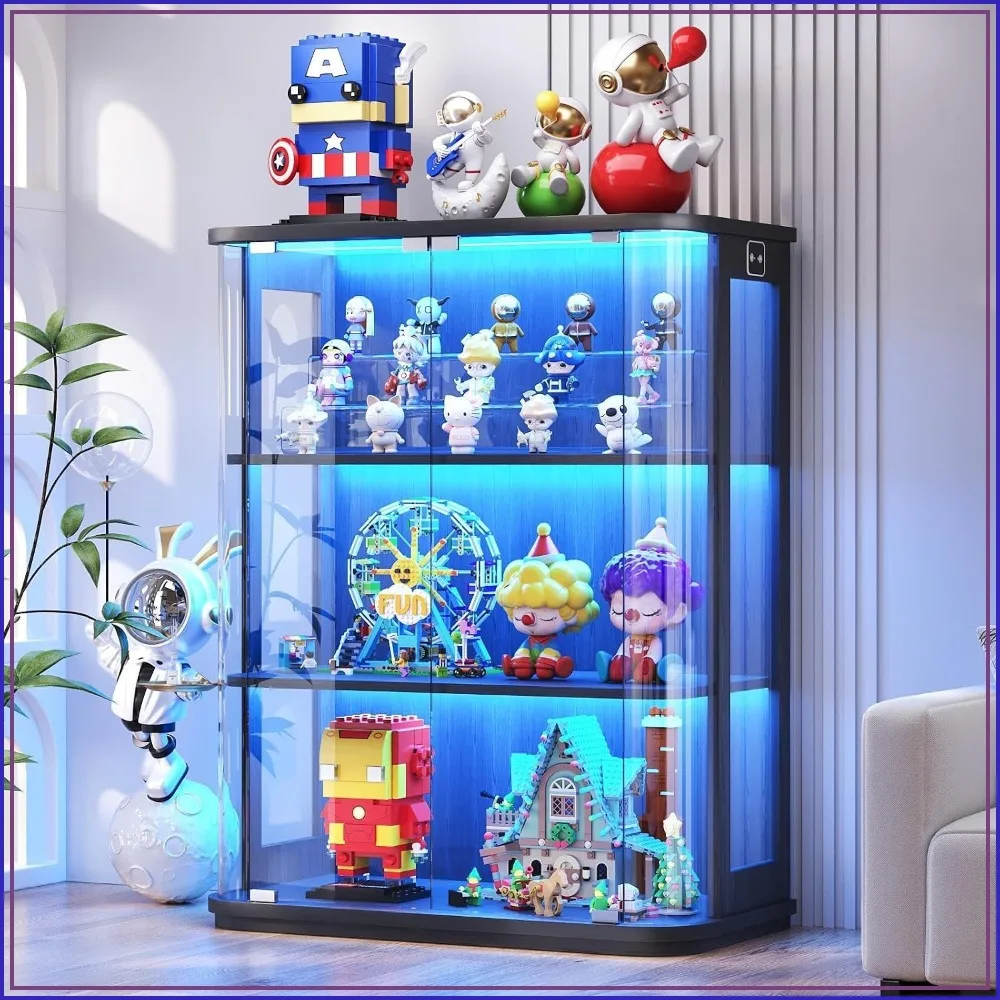 3-Tier Rounded Display Cabinet with Lights & Human Body Sensor Black