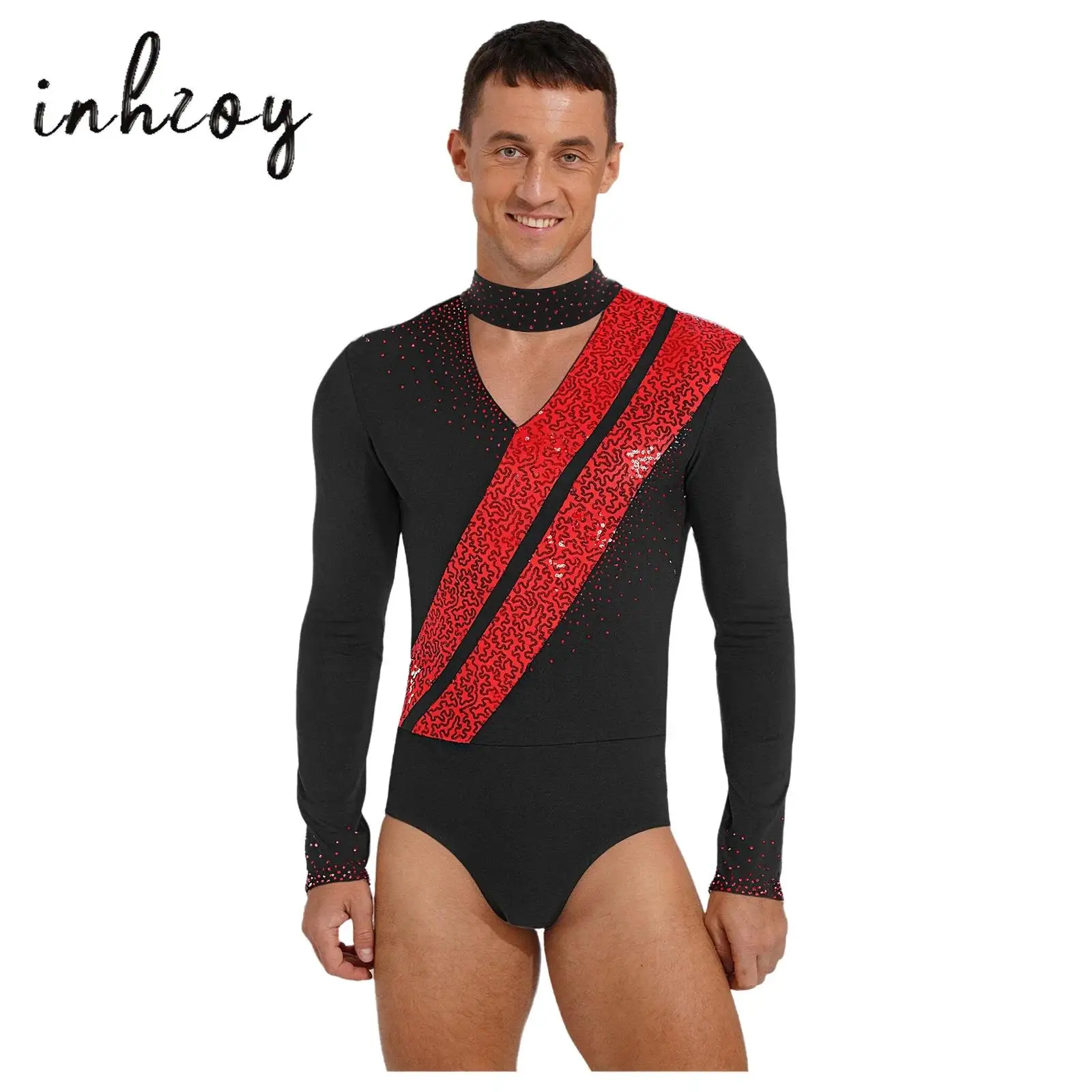 

Mens Gymnastics Figure Skating Bodysuit Hollow V Neck Long Sleeve Glittery Sequins Crotchless Leotard Jumpsuit for Ballet Dance