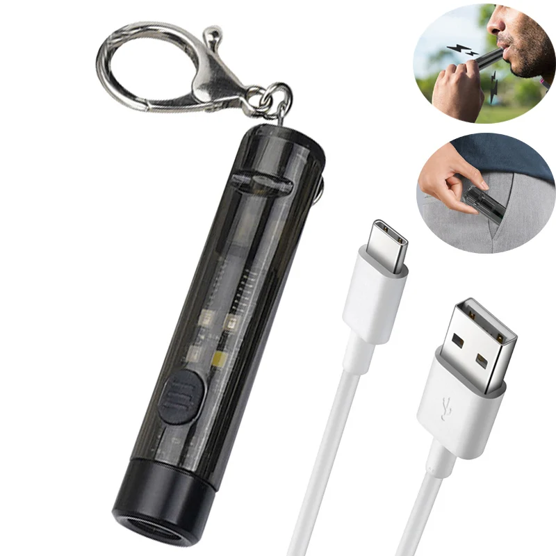 BORUiT Protable Mini LED Flashlight Keychain With Whistle Type-C Rechargeable Torch  Camping Lantern Fishing Hand Light Uv Lamp