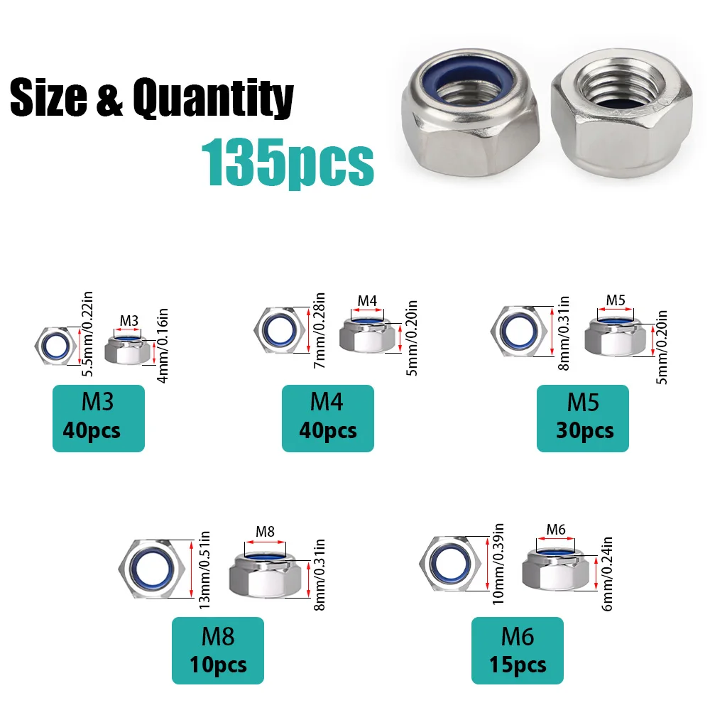 135pcs Stainless Steel Nylon Insert Lock Nuts M3-M8, Built-in Nylon Ring, Effective Vibration Resistance and Anti-Loosening