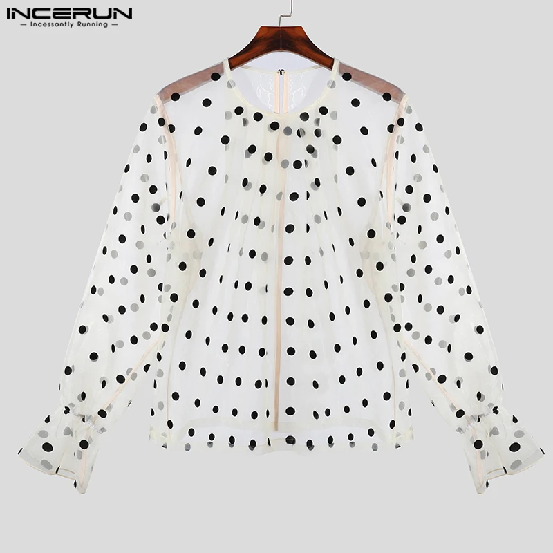 INCERUN Men Shirt Polka Dot Printing O-neck Puff Long Sleeve Mesh Transparent Men Clothing Streetwear 2024 Fashion Unisex Shirts