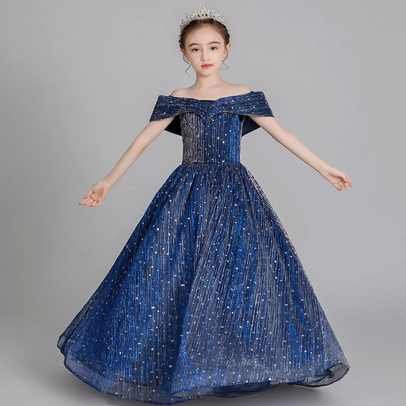 

Sequin Children Evening Dresses for Girls Dark Blue Kids Birthday Party Luxury Fluffy Ball Gown Wedding Prom Formal Lace Dress