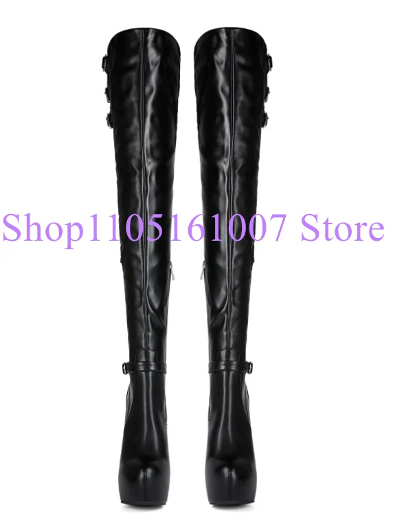 Black White Leather Hollow Out Lady Long Boots Sexy Stiletto Heel Platform Over the Knee Boots Woman Fashion Dress Party Shoes view 4