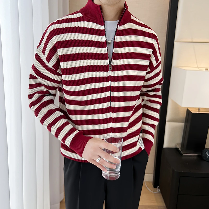 Stand-up collar striped casual daily commute zip-up sweater for men, stretchable youth autumn warm cardigan.