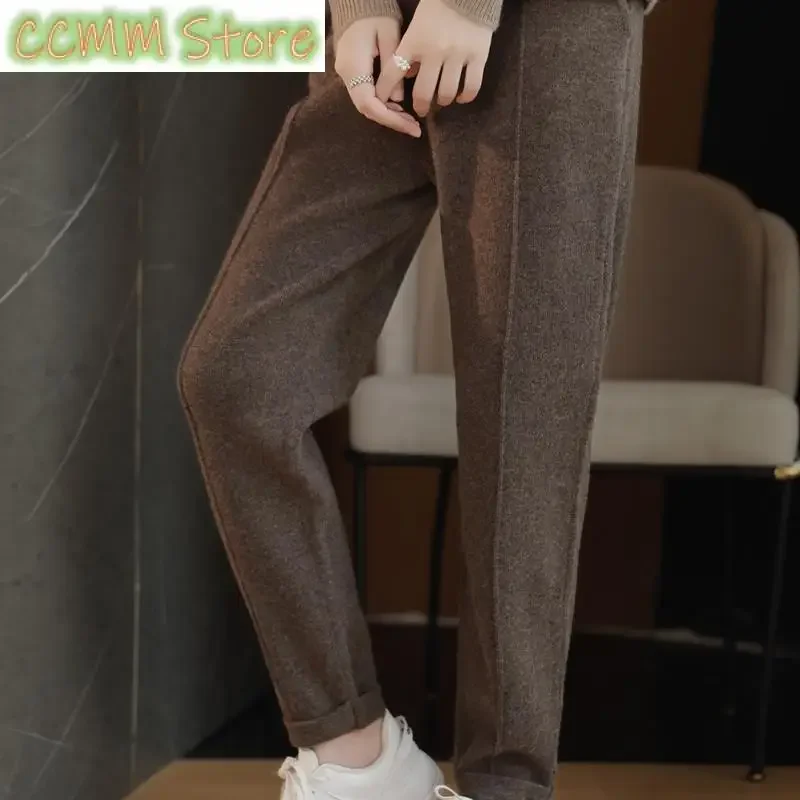 Women's mid seam cashmere pencil pants, pure wool warm pants, autumn and winter high-quality elastic waist drawstring pants
