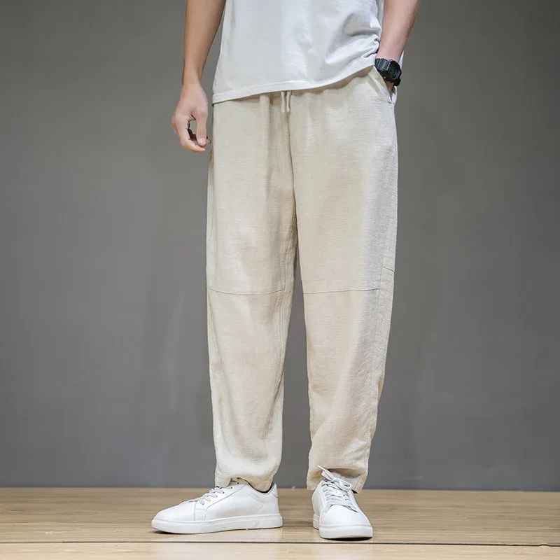 Men's Pants with Chinese Style Loose Fitting Straight Leg Casual Pants, Men's Cotton and Linen Harlen Wide Leg Long Pants