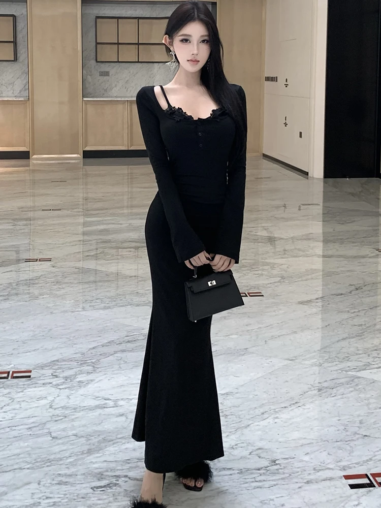 فساتين مثيرة للنساء ذات ياقة مربعة من الدانتيل باللون الأسود لعام 2025 قماش هيبورن للحفلات الراقصة للخريف والشتاء فساتين حفلات كورية فاخرة