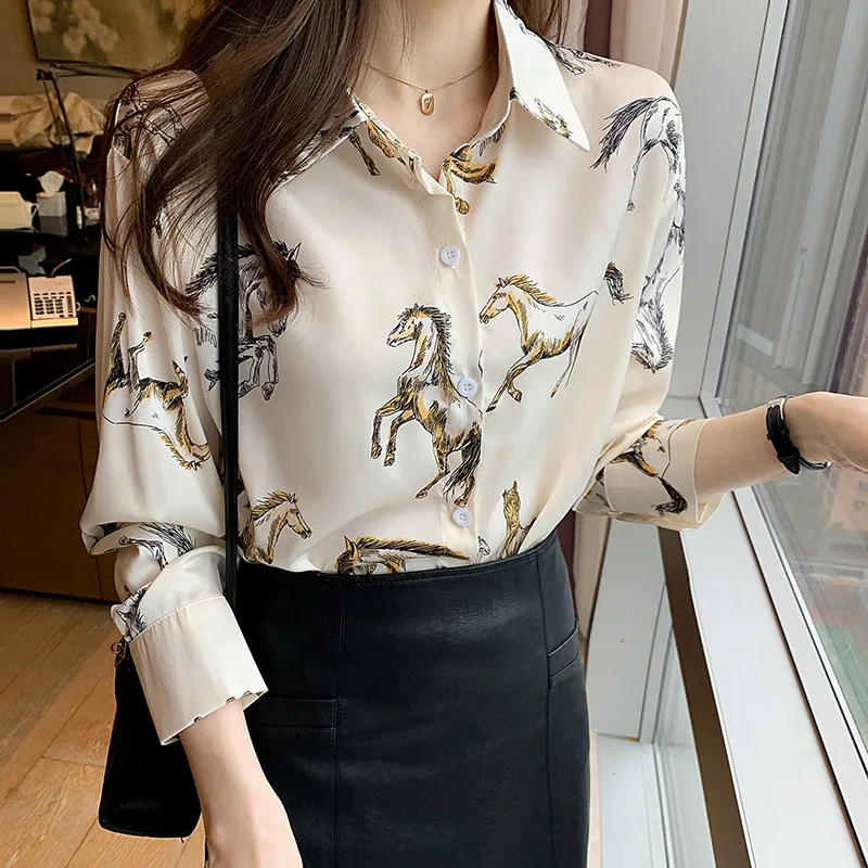 Elegant Collared Long Sleeve Button Up Horse Print Blouses Office OL  Female Chiffon Black Tshirts Top Women Spring Fall 2024