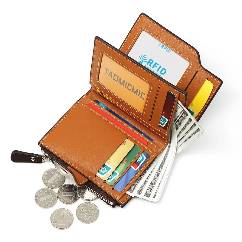 Men's RFID Leather Wallet Short Two-Fold Money Holder Multi-Function Zipper Coin Card Bag Anti-Theft Refresh Model Wholesale