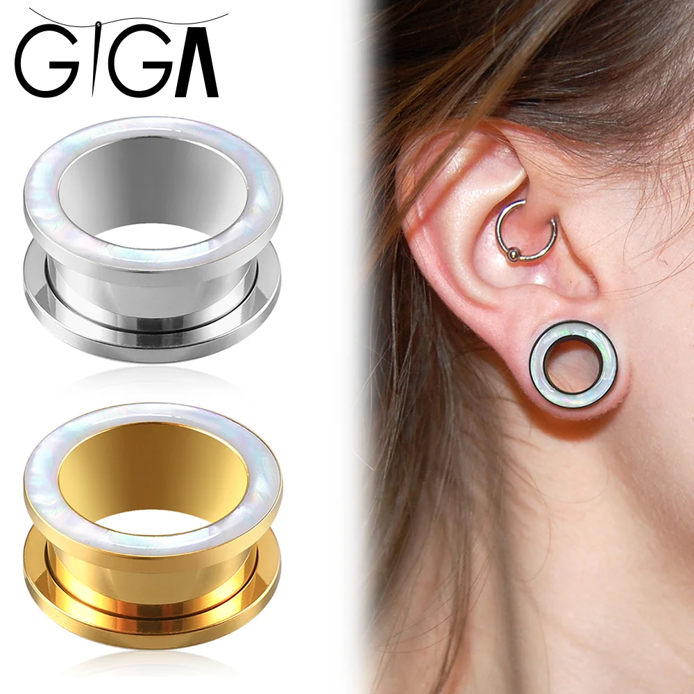 Giga 2Pcs Mother of Pearl Stainless Steel Ear Gauges Plugs and Tunnels, Surgical Steel Ear Stretcher Expander Body Jewelry