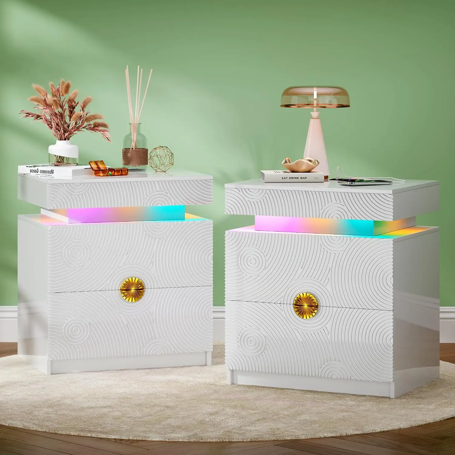 RGB Nightstand Set of 2 with Charging Station Lock Drawer & Motion Sensor White, Customized
