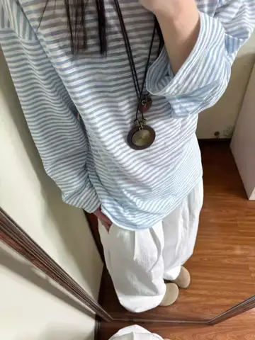 여름 새로운 여성 스트라이프 느슨한 긴 소매 태양 보호 커버 티셔츠 캐주얼 스타일 한국어 버전 편안한 착용감