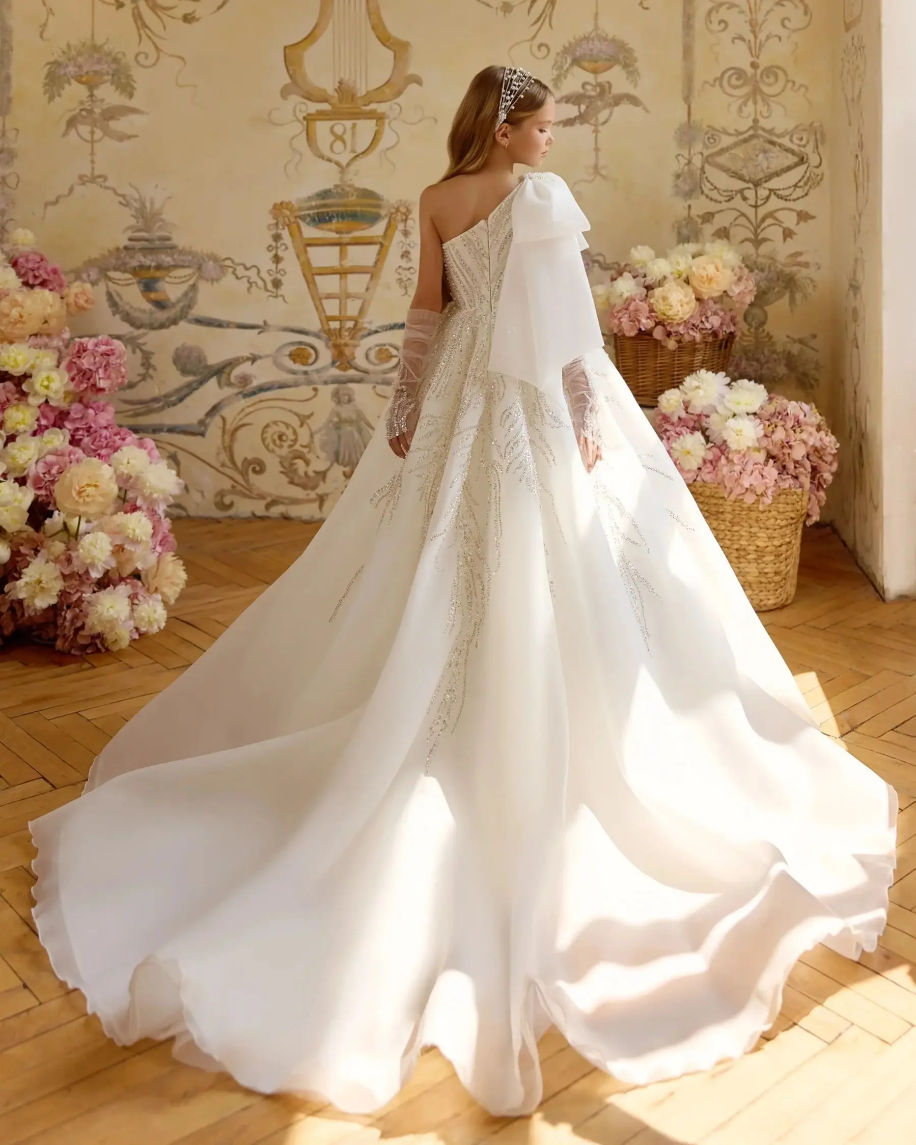 One Shoulder Flower Girl's Dresses for Wedding Luxury Beading Baby Girl Birthday Party Gowns Pageant Dress