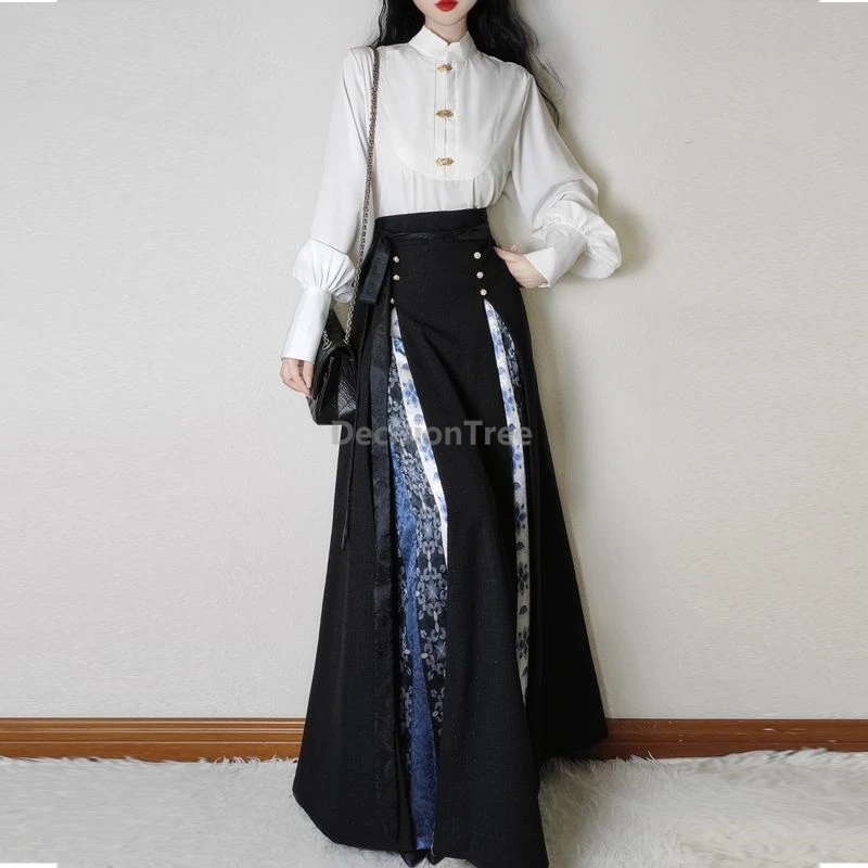 

Зима 2025 года, повседневный комплект ханьфу, китайский костюм с воротником-стойкой и пуговицами, рубашка в стиле ретро, улучшенная литературная юбка с лицом лошади