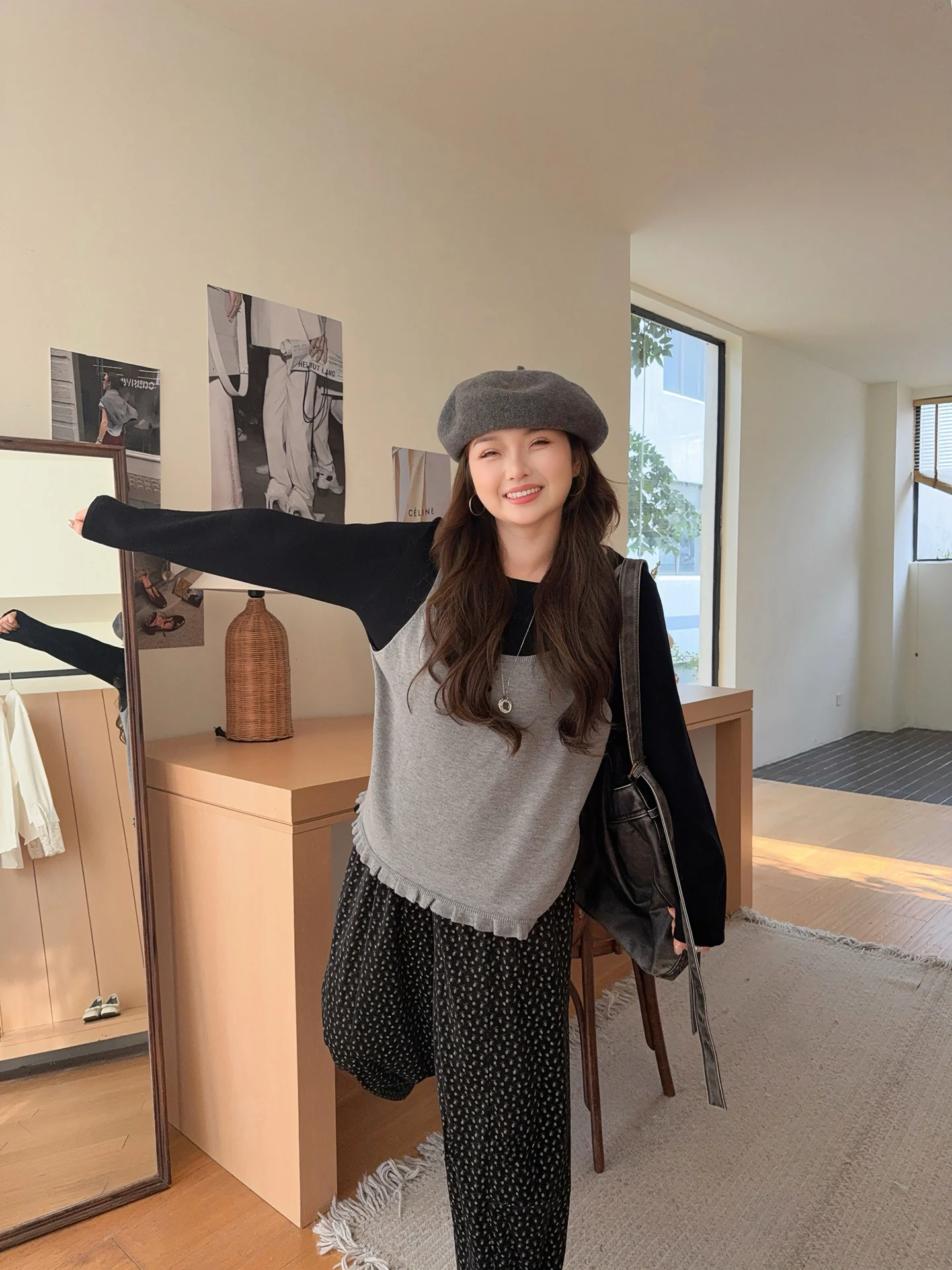 

Вязаный свитер большого размера, искусственный двухсекционный с кружевной отделкой, внутренняя одежда, осенний новый топ с цветочным принтом для женщин больших размеров