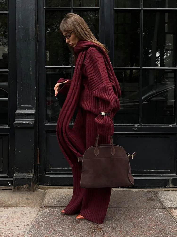 Fashion Burgundy Red Scarf Collar Sweater Loose Pants Set Women Elegant Casual Jumper Wide Leg Trouser Suit Chic Female Knitwear