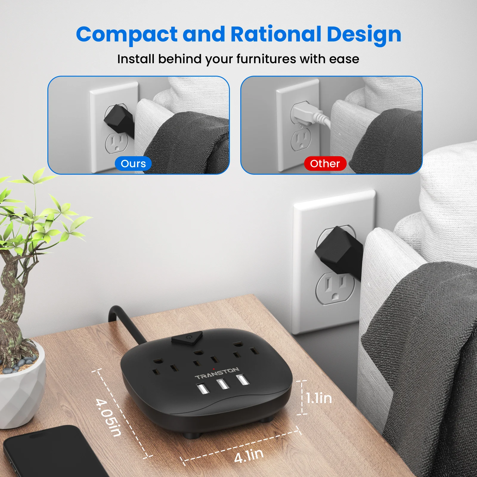 Power socket with switch, 3 sockets, 3 USB Ports, 10ft Extension Cord, Quick Charge, Fire Resistant, For Home and Office, Black