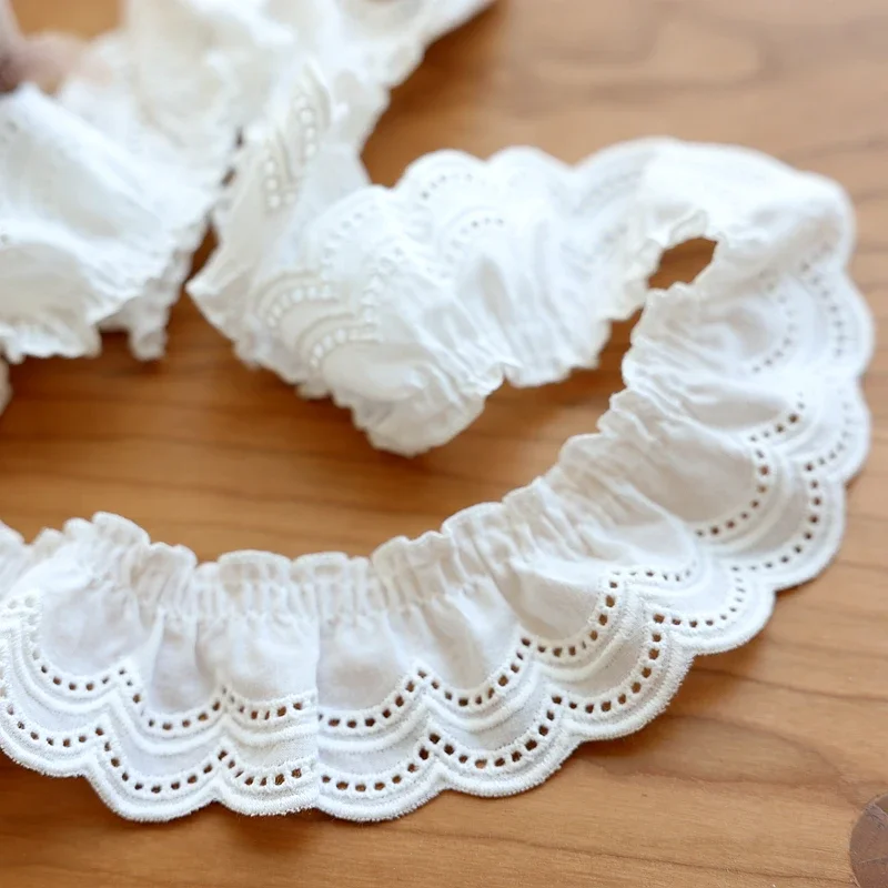 2Yards Cotton Pleated Fabric Embroidered Lace Guipure, Neckline Cuffs, Ruffle Trim, DIY Sewing Decor