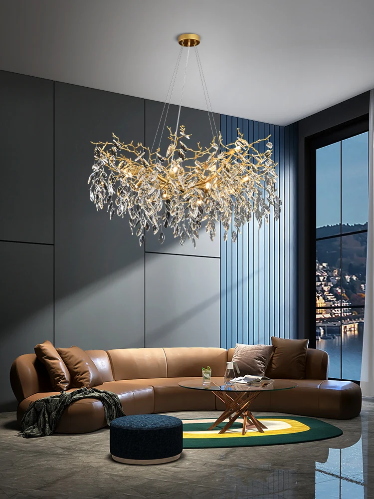 All Copper Restaurant Lamp in the Living Room Light Luxury Elegant Crystal Chandelier Creative Branches Leaves Master