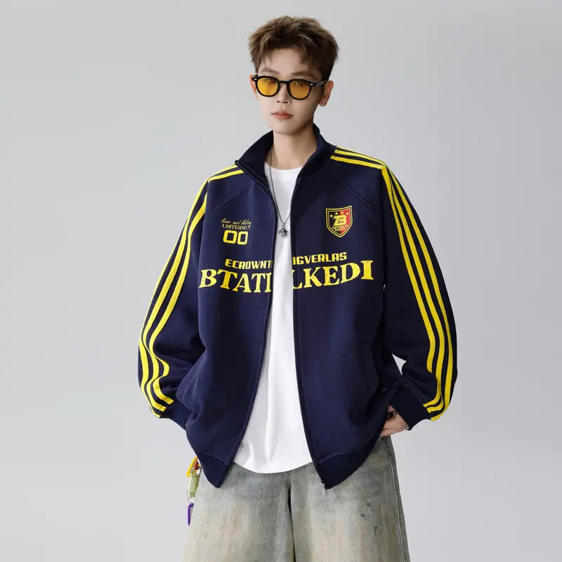

GIOIOMen's Casual Sweatshirt，Spring and Autumn New Loose Lapel Striped Color Matching Printed Full-Zip Cardigan Jacket