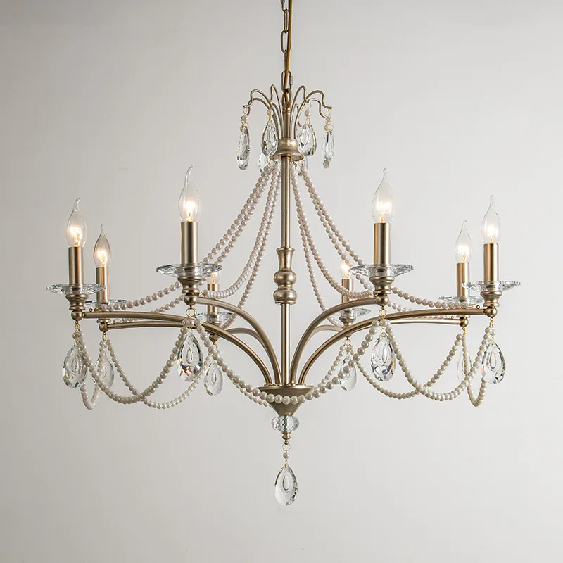 Lustre en cristal de style français pour salon, salle à manger, villa, chambre à coucher, luminaire suspendu de luxe avec perles, lampe rétro minimaliste