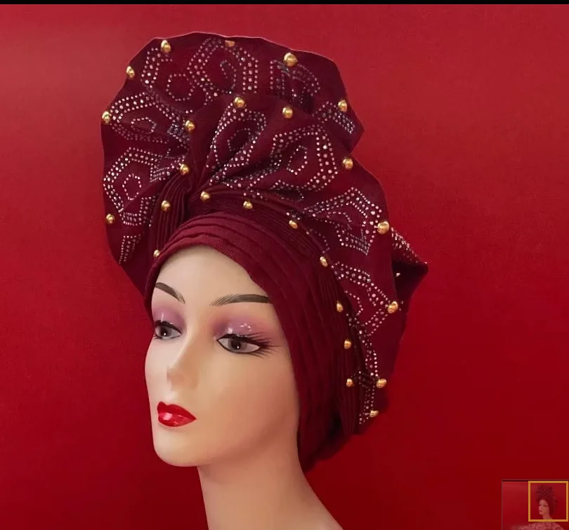 Nigeryjczyk aso oke headtie afrykański szal kobiety biały Aso Oke Gele z złote koraliki Auto nakrycia głowy afryki czapka Turban dla kobiet