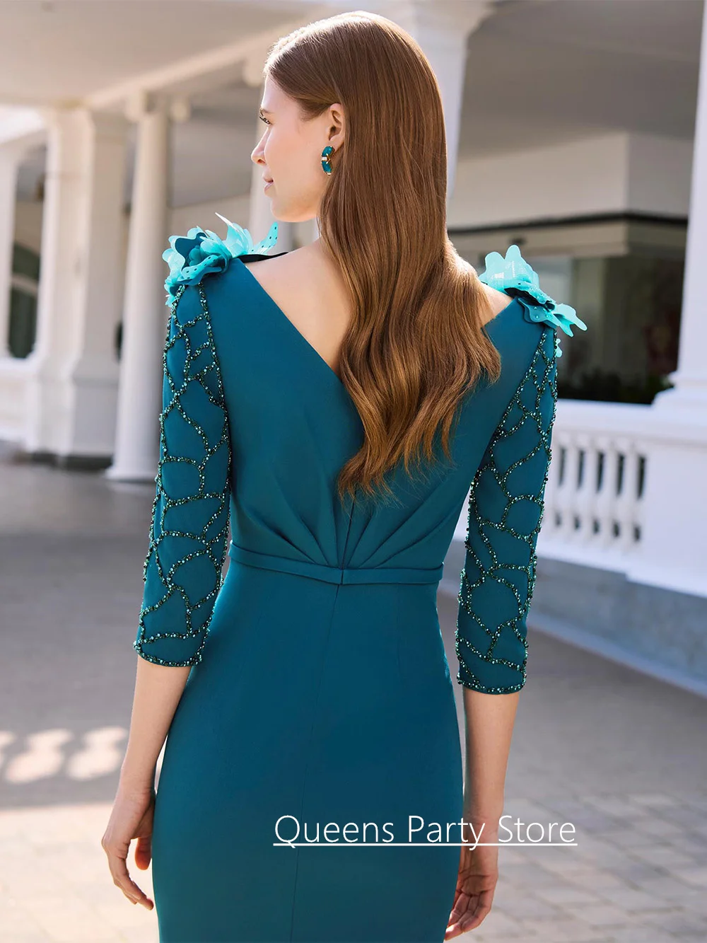 Fashion Mother of The Bride Dress Customized Beading 3/4 Sleeves Flowers Split Wedding Party Gown Evening Dresseses