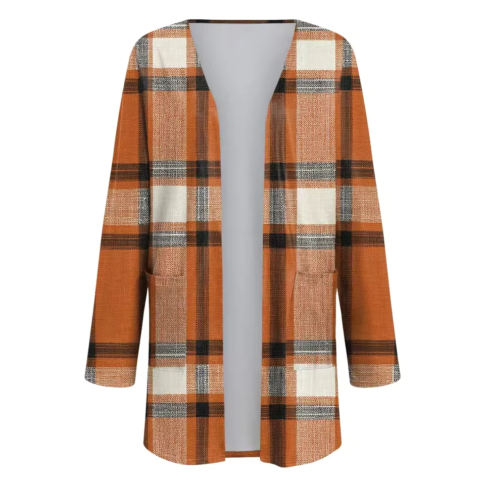 

Women Grid Print Pocket Cardigan Long Sleeve Midi Length Casual Cardigan Women Korean Fashion Long Sleeve