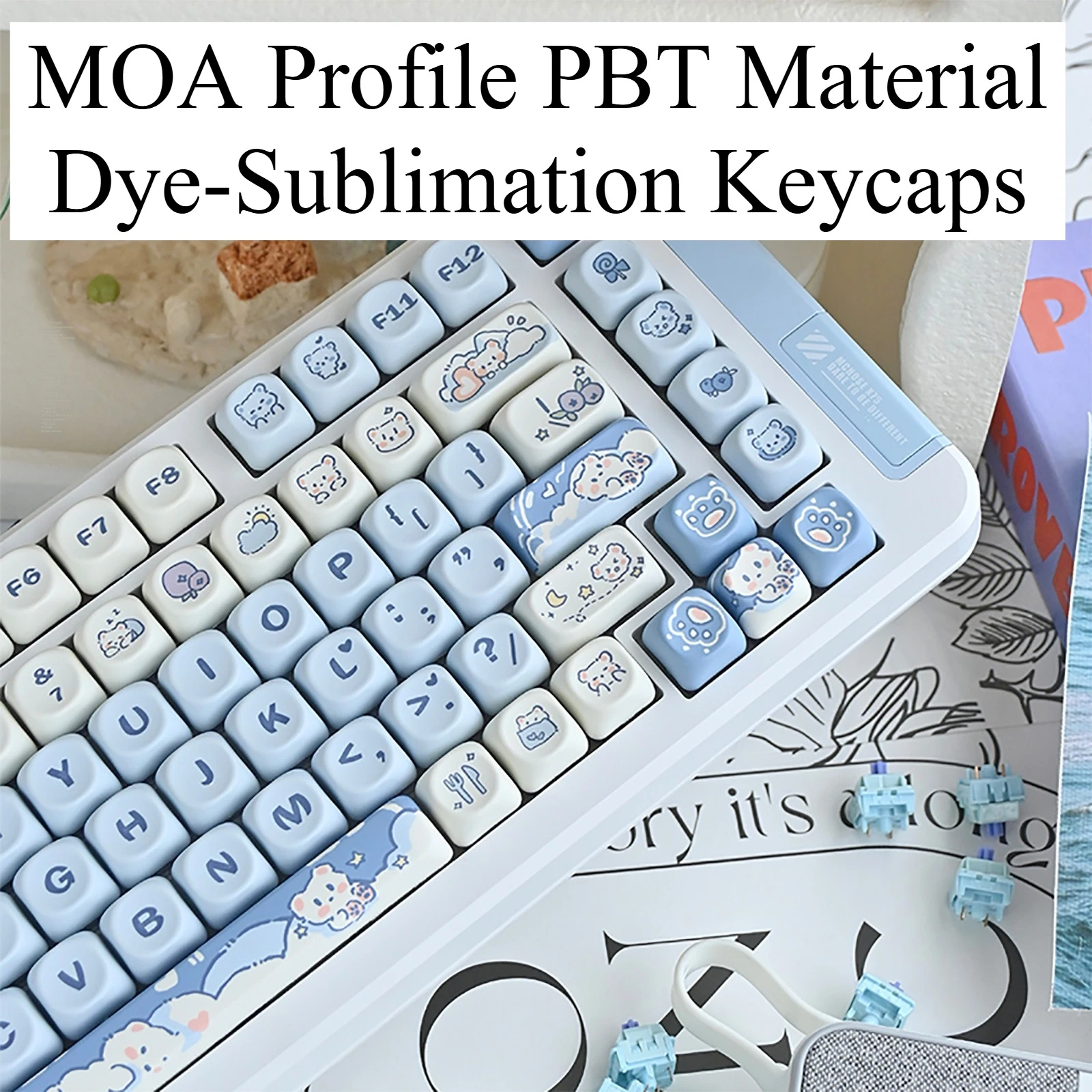 Keycaps Cream  Blue Cute Cartoon MOA Highly Sublimated 75 98 Keys Full Mechanical keyboard custom keycaps key cap