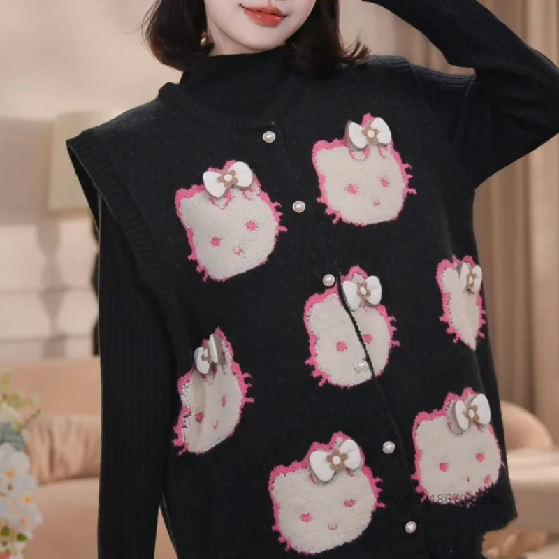 Sanrio Hello Kitty Cute Sweet 3D Bow Design Jacquard Knitted Vest Women Autumn Winter New Trend Loose Sweater Tank Top Cardigan