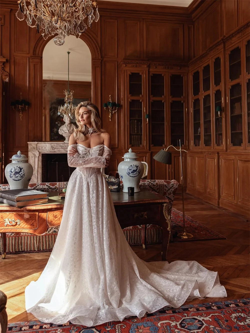 

Customized Elegant Ivory Organza Wedding Dress Formal Sweetheart Long Sleeves Bridal Gown Sexy A-Line Court Train Vestido De Nov