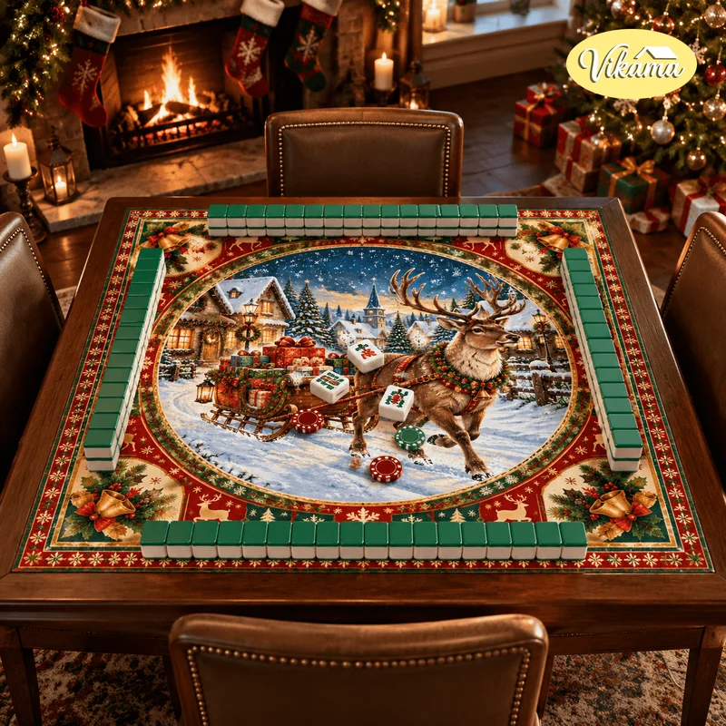 VIKAMA Christmas Mahjong Table Cover Reindeer Sleigh Snow Town Print Square Game Table Mat Holiday Winter Family Decor