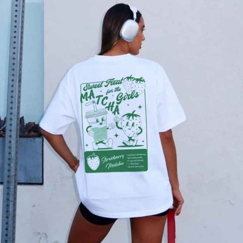 Camisetas Retro de dibujos animados de fresa Matcha, camiseta divertida de amante Matcha, camisetas gráficas estéticas bonitas y holgadas, ropa de moda para mujer, regalo