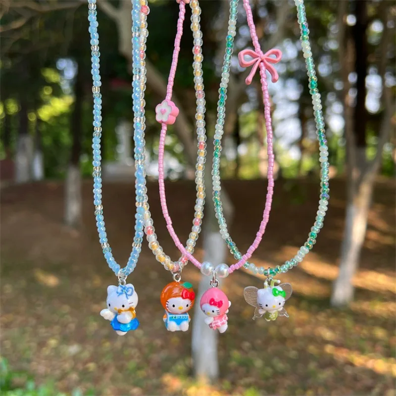 Summer Kawaii Hello Kitty New Beaded Necklace Girls Y2k All-match Fashion Korean Charm Clavicle Chain Women Beach Jewelry Gifts