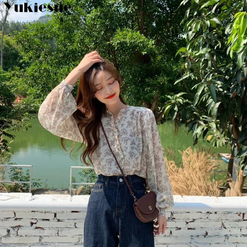 Spring Floral Long Sleeve Chiffon Ruffles Korean Style Cozy Leisure All-match V-neck Design Blouses Women Elegant Gentle Soft